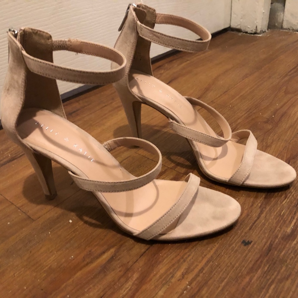 Nude strappy heels with zipper back